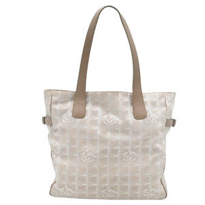 CHANEL Travel Line CC Logo Taupe Beige Canvas Tote Bag Leather Strap